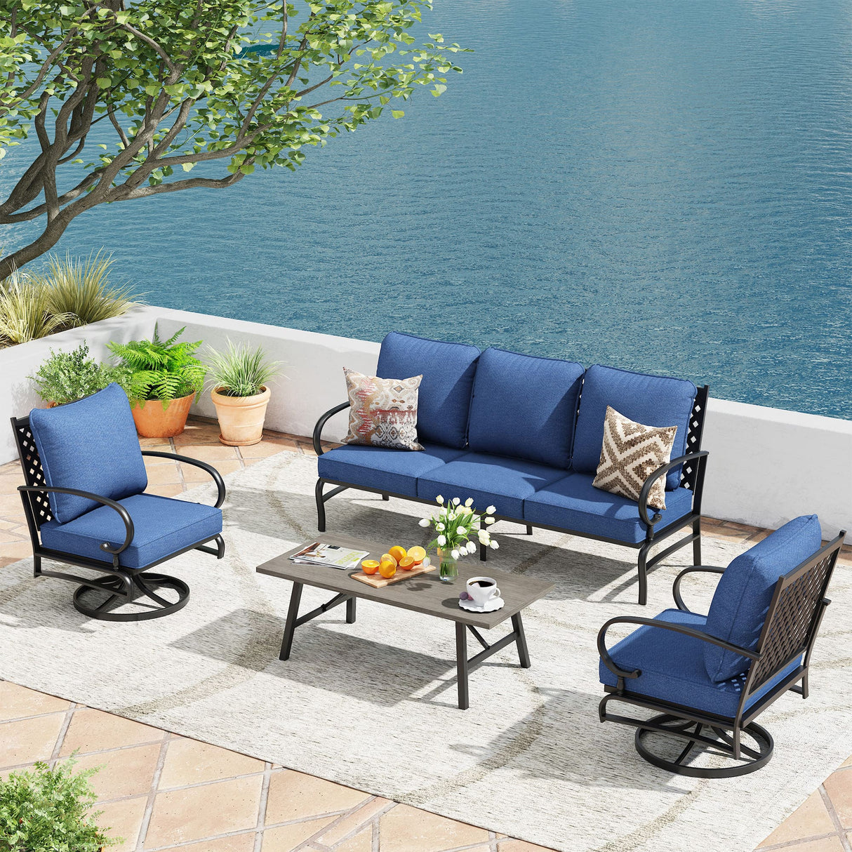 Vicllax Patio Conversation Set with Cushioned Sofa Chairs, Ottomans and Coffee Table(Beige or Navy Blue)