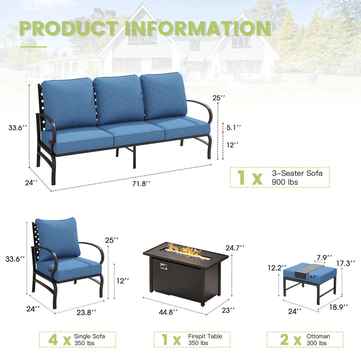 Vicllax Outdoor Patio Conversation Sofa Set with Cushioned Sofa Chairs and Metal Rectangular Fire Pit, Blue