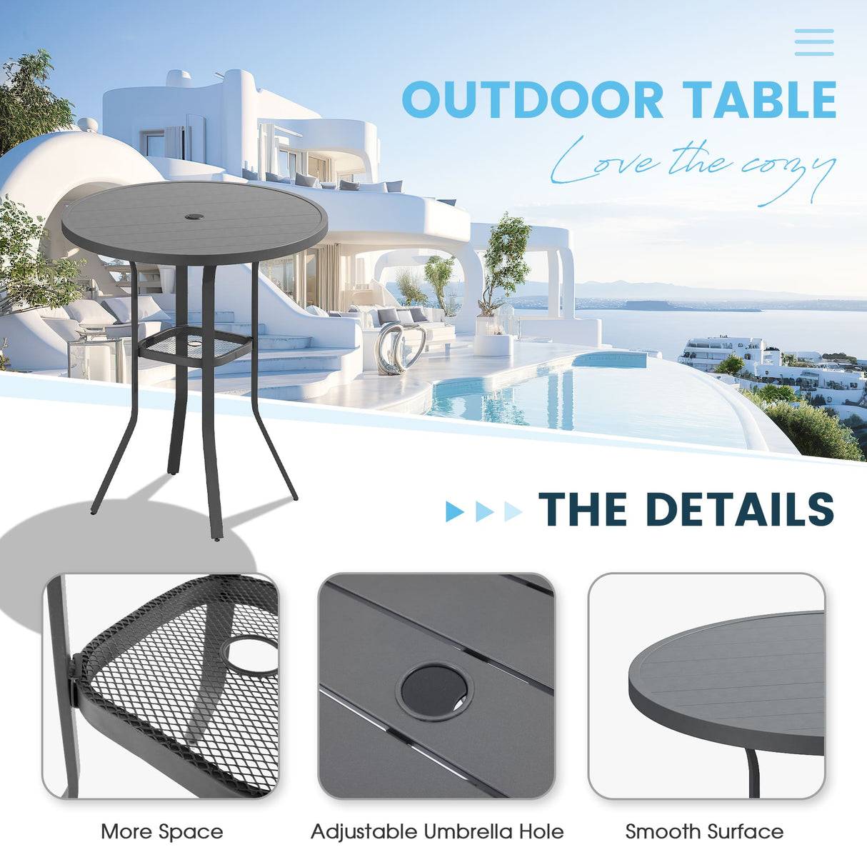 Vicllax Mesa de bar redonda para patio al aire libre de 37" con orificio para sombrilla