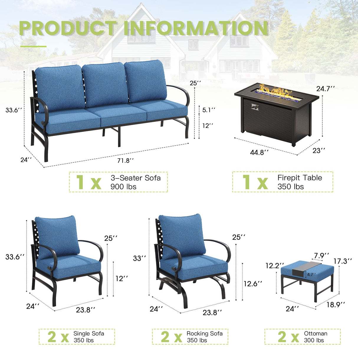Vicllax Outdoor Patio Conversation Sofa Set with Cushioned Sofa Chairs and Metal Rectangular Fire Pit, Blue