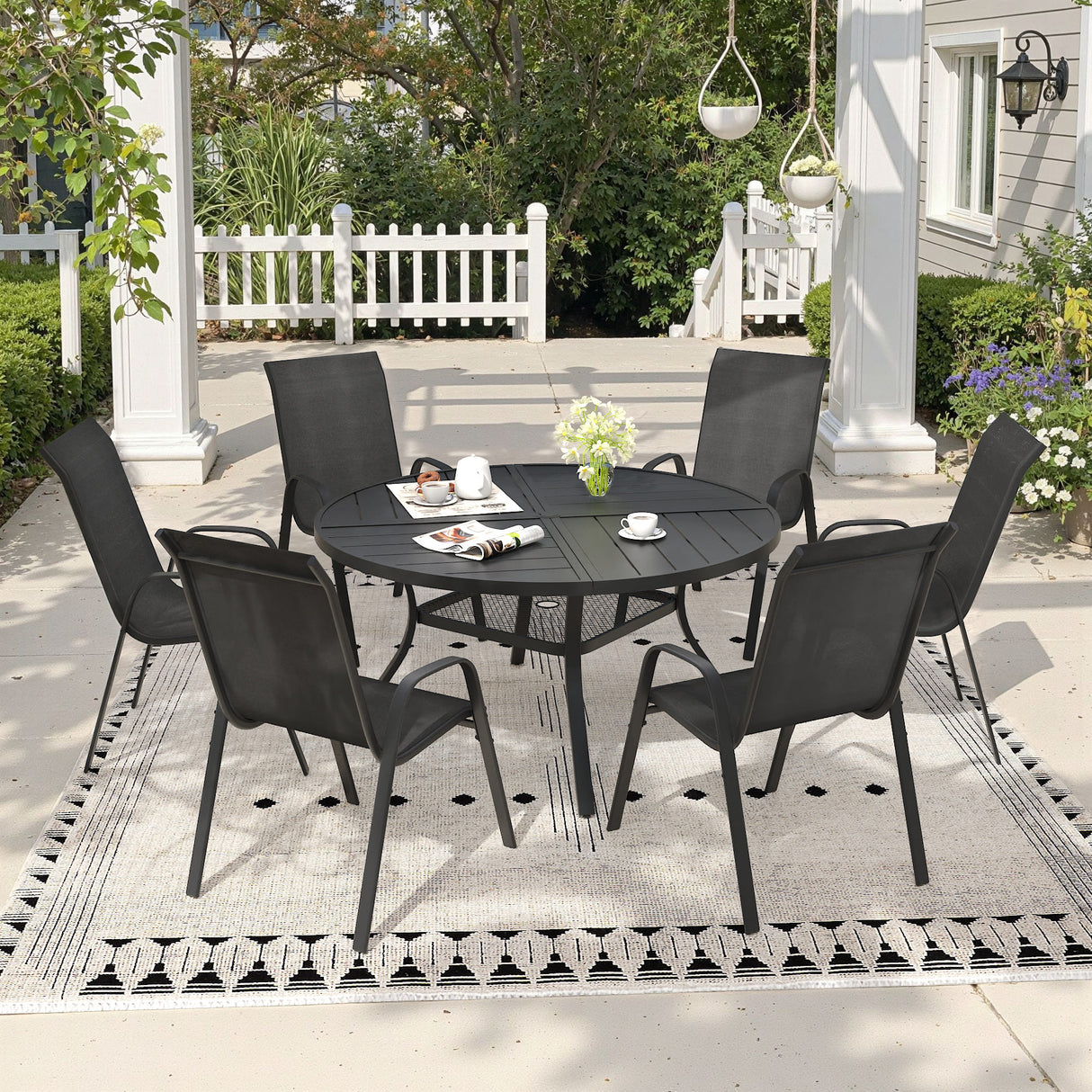 Vicllax 7 PCS Patio Dining Table Set, 47" Round Metal Table with Shelf and Horizon Stackable Chair