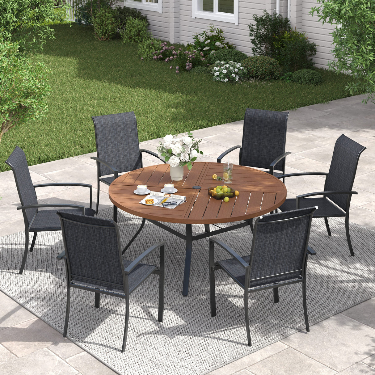 Vicllax 7 PCS Patio Dining Table Set, 50" Round Metal Table with Shelf and Skyline Stackable Chair