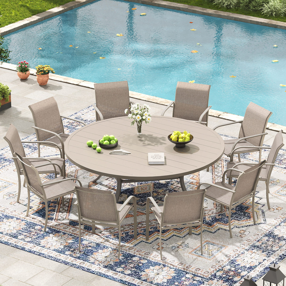 VICLLAX 11-Pcs Outdoor Dining Set, 63” Round Metal Table with Umbrella Hole & 10 Stackable Chairs