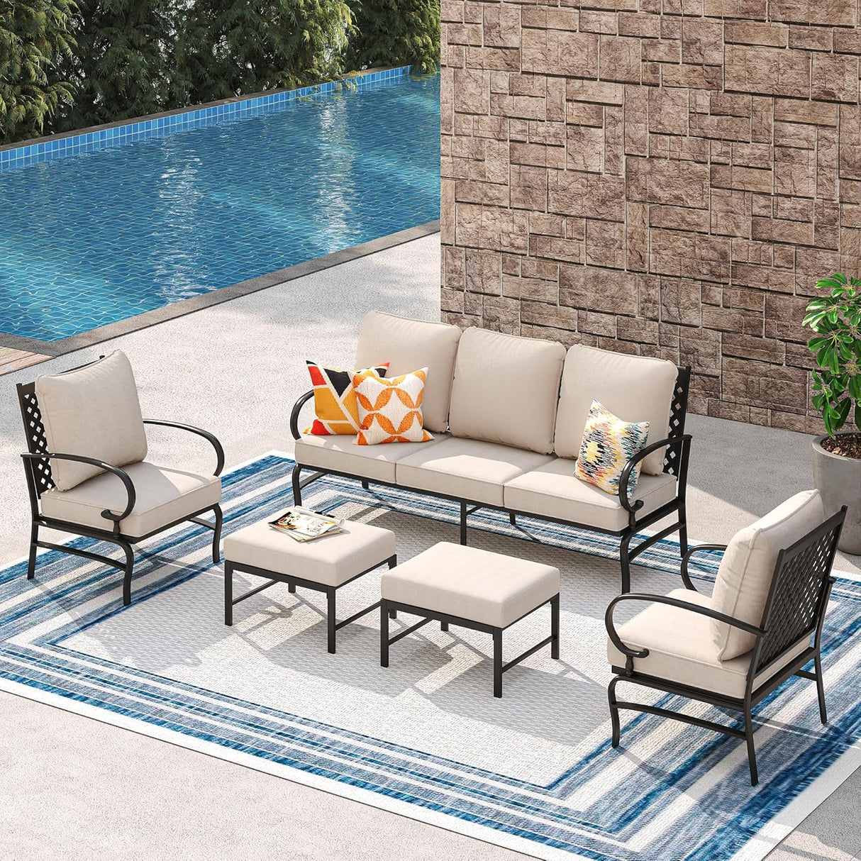 Vicllax Patio Conversation Set with Cushioned Sofa Chairs, Ottomans and Coffee Table
