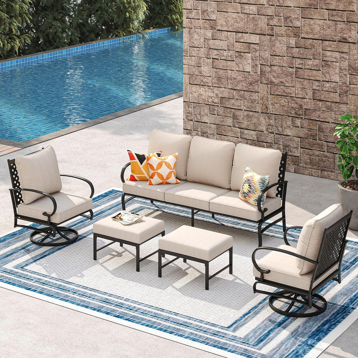Vicllax Patio Conversation Set with Cushioned Sofa Chairs, Ottomans and Coffee Table