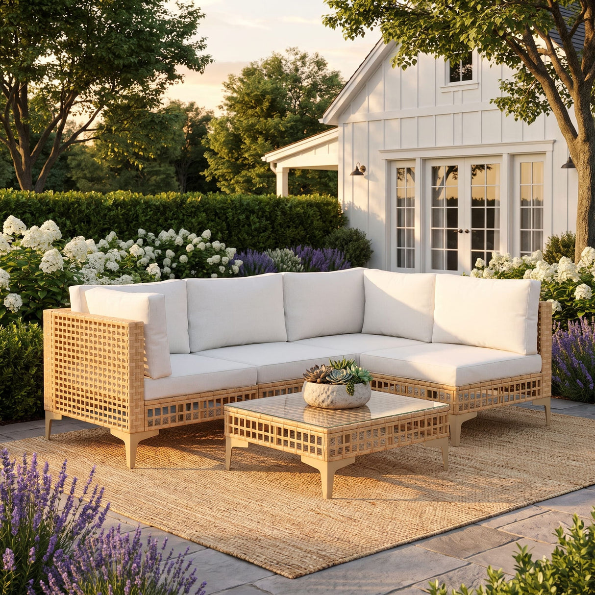 Vicllax 5/7 PCS Wicker Outdoor Conversation Set Patio Sectional Sofas with Glass Coffee Table