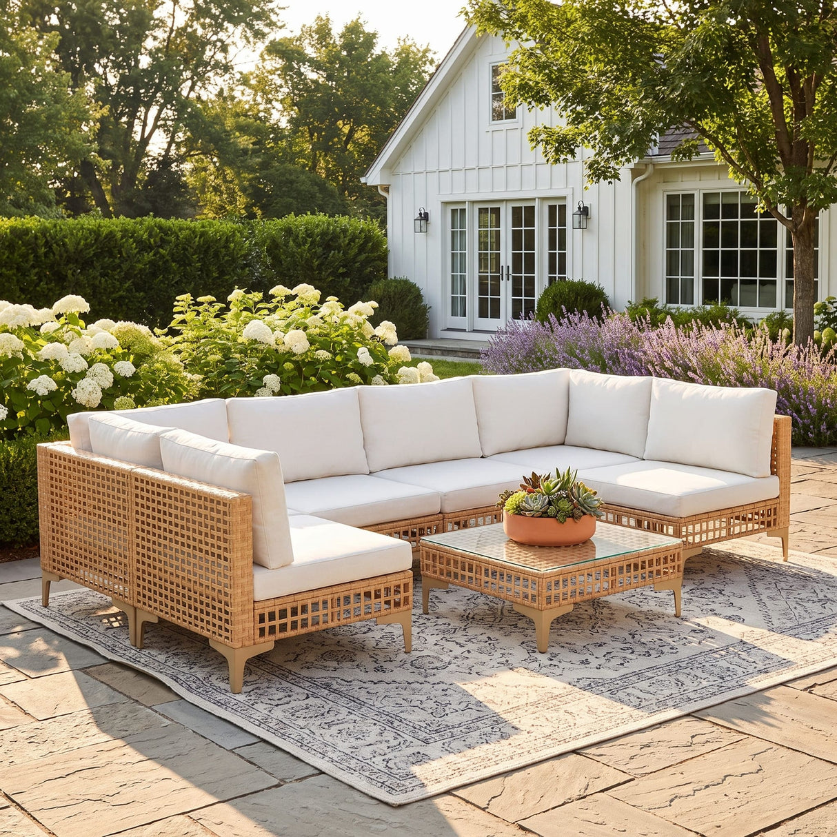 Vicllax 5/7 PCS Wicker Outdoor Conversation Set Patio Sectional Sofas with Glass Coffee Table