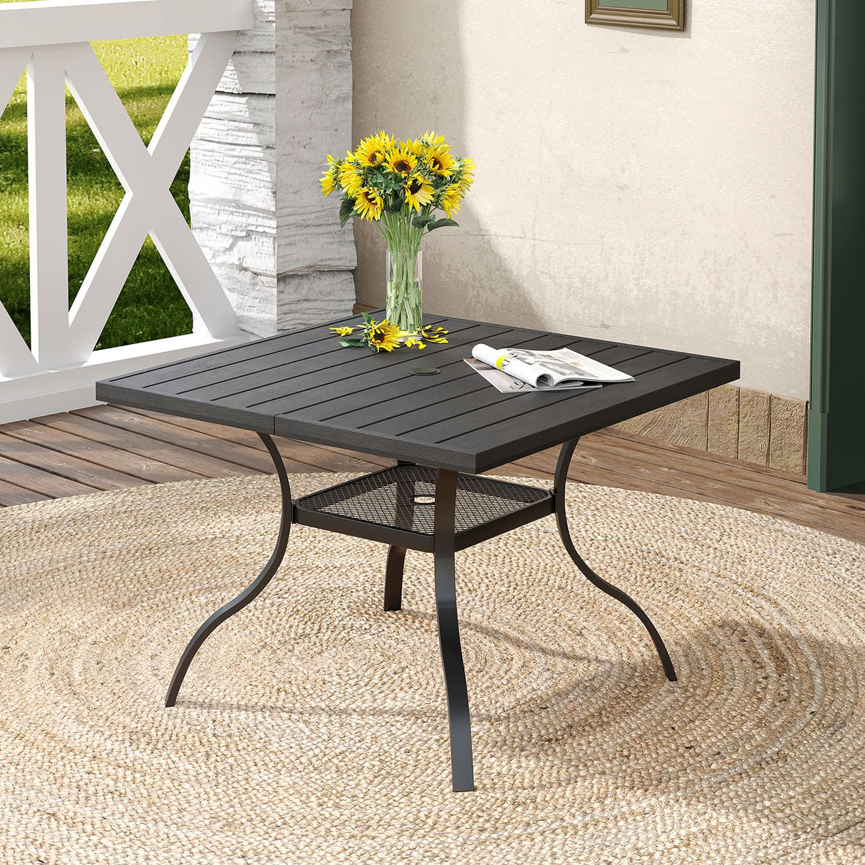 Vicllax Outdoor 38.8“ Plastic Dining Table, Patio Wood-Like Grain Square Table with Storage