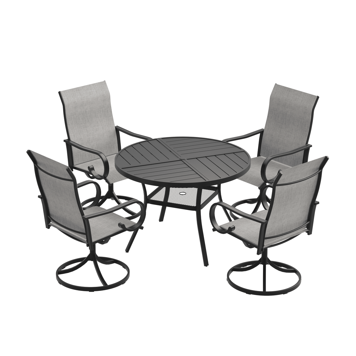 VICLLAX 5 Piece Modern Patio Dining Set, 40.7 inch Round Metal Table with Umbrella Hole and Ergonomic High-back Swivel Rocking Sling Chairs
