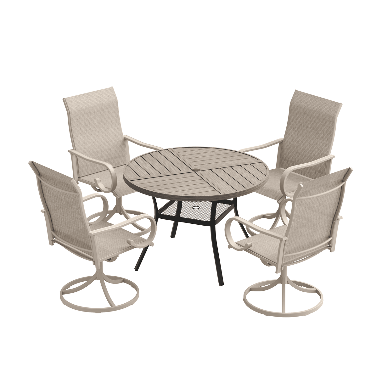 VICLLAX 5 Piece Modern Patio Dining Set, 40.7 inch Round Metal Table with Umbrella Hole and Ergonomic High-back Swivel Rocking Sling Chairs