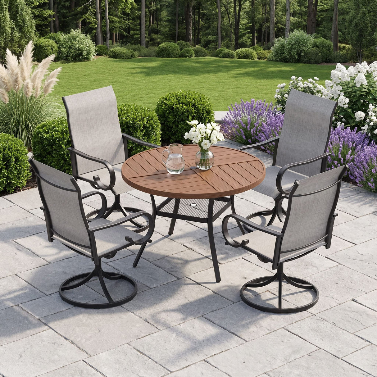 VICLLAX 5 Piece Modern Patio Dining Set, 40.7 inch Round Metal Table with Umbrella Hole and Ergonomic High-back Swivel Rocking Sling Chairs