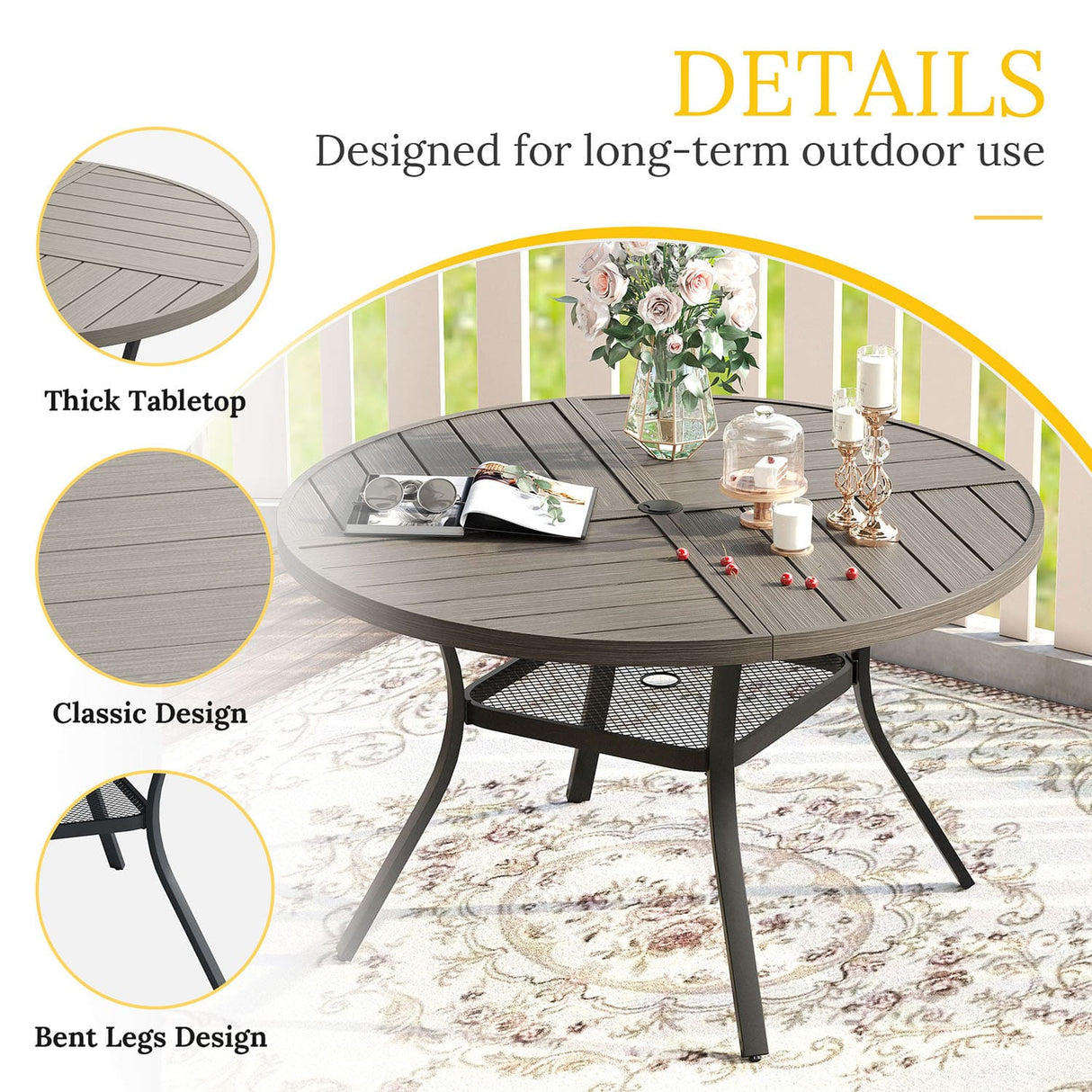 VICLLAX 5-pcs Outdoor Dining Set, 41” Round Metal Table with Umbrella Hole & 4 Swivel Textilene Chairs