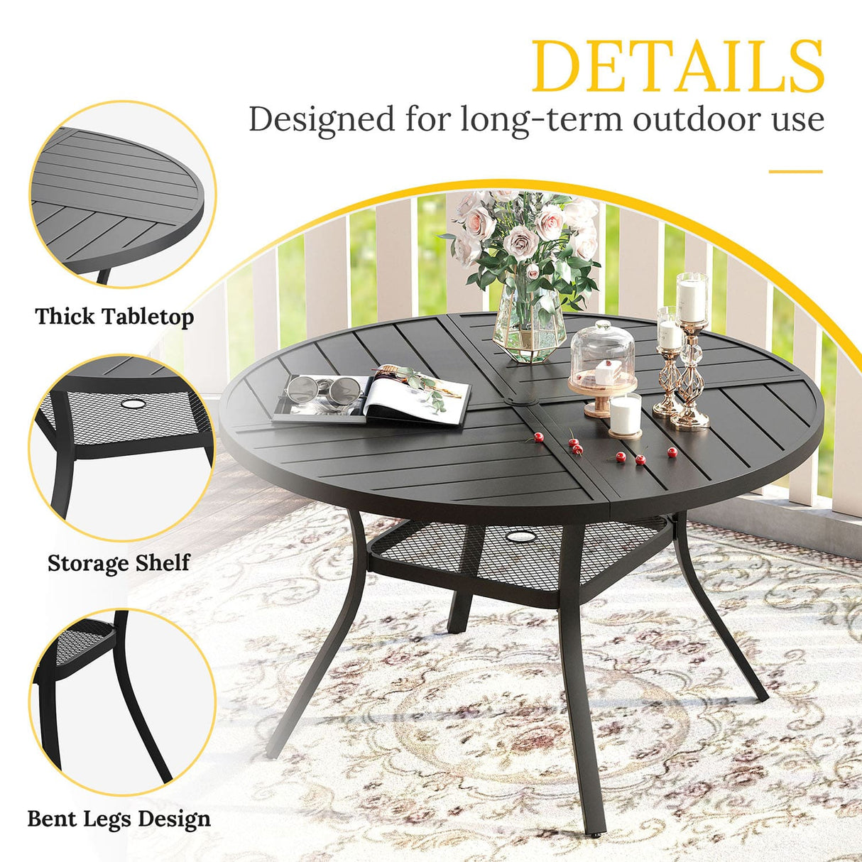Vicllax 47" Patio Round Dining Table Set of 4, Metal Dining Table with Storage Shelf and Swivel Dining Chairs