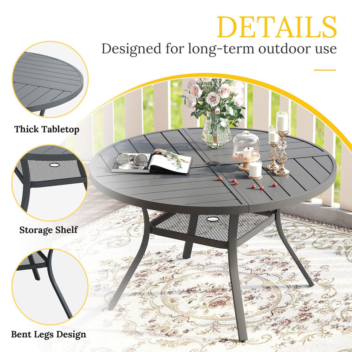 VICLLAX Patio Outdoor Dining Set of 4/6, Metal Round Dining Table and Stackable Sling Dining Chair with Armrest