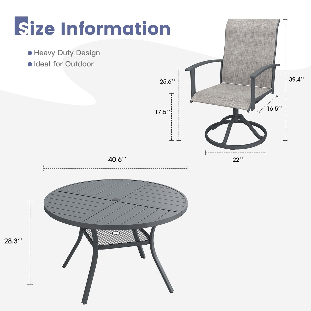 VICLLAX 5-pcs Outdoor Dining Set, 41” Round Metal Table with Umbrella Hole & 4 Swivel Textilene Chairs