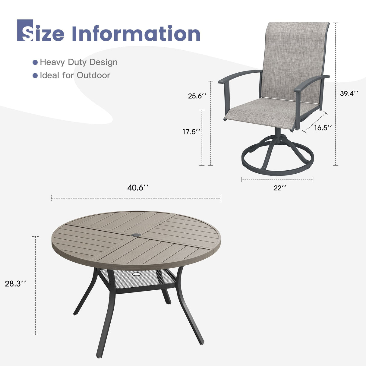VICLLAX 5-pcs Outdoor Dining Set, 41” Round Metal Table with Umbrella Hole & 4 Swivel Textilene Chairs