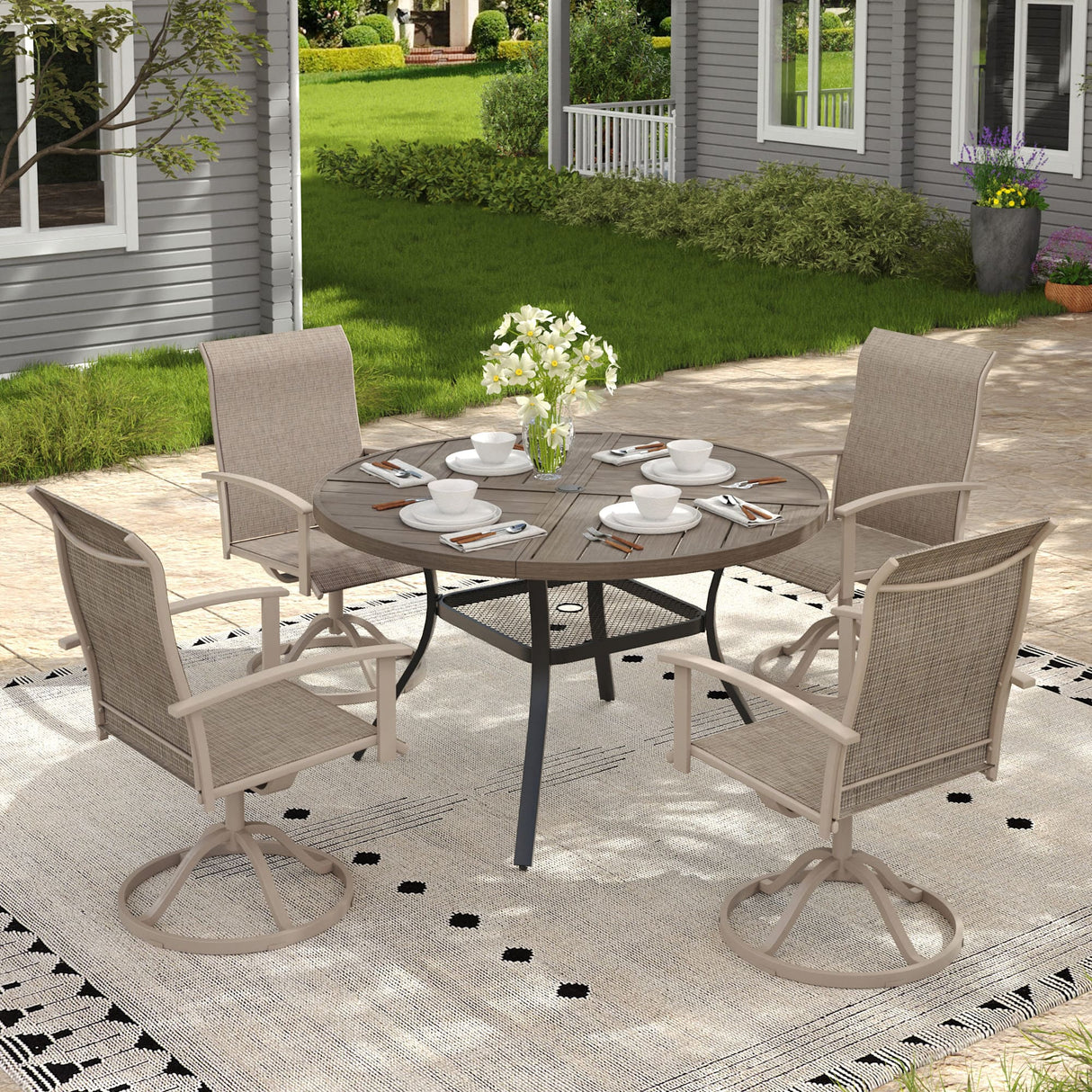 VICLLAX 5-pcs Outdoor Dining Set, 41” Round Metal Table with Umbrella Hole & 4 Swivel Textilene Chairs
