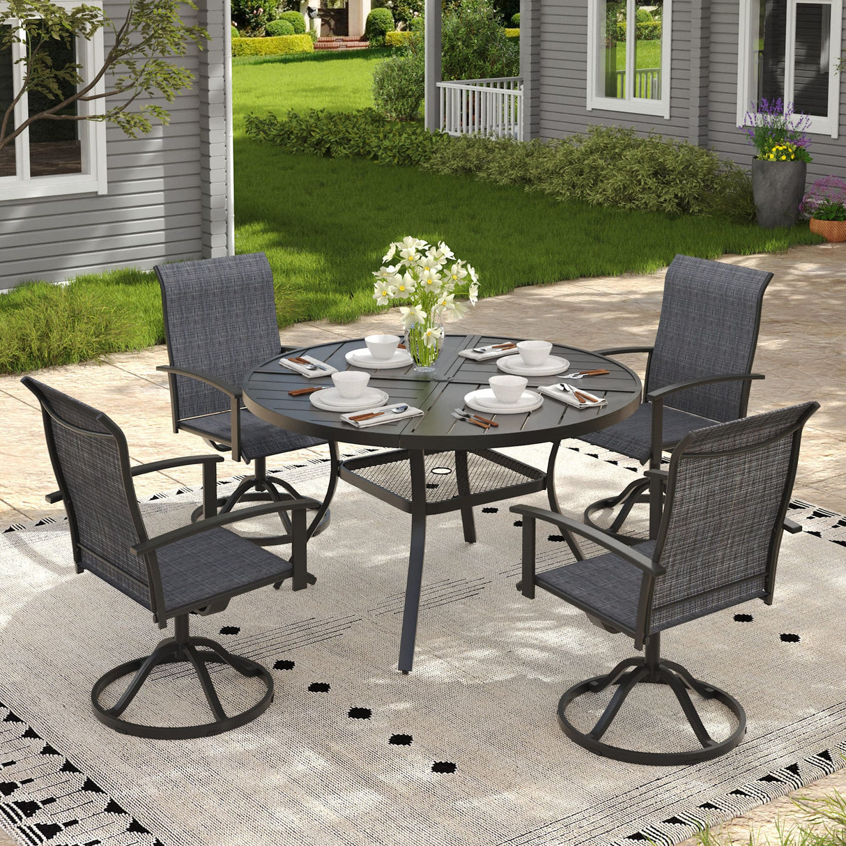 VICLLAX 5-pcs Outdoor Dining Set, 41” Round Metal Table with Umbrella Hole & 4 Swivel Textilene Chairs