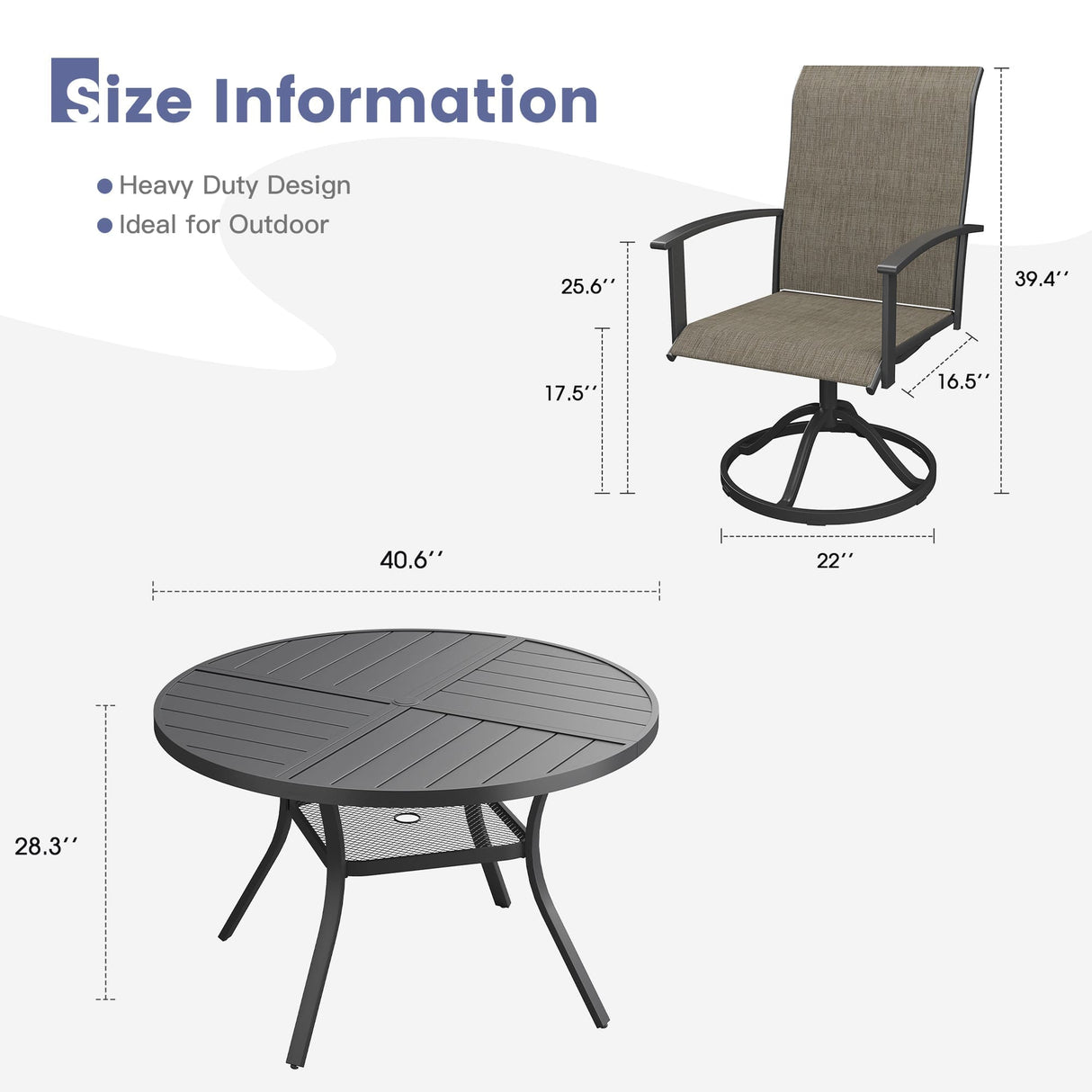 VICLLAX 5-pcs Outdoor Dining Set, 41” Round Metal Table with Umbrella Hole & 4 Swivel Textilene Chairs
