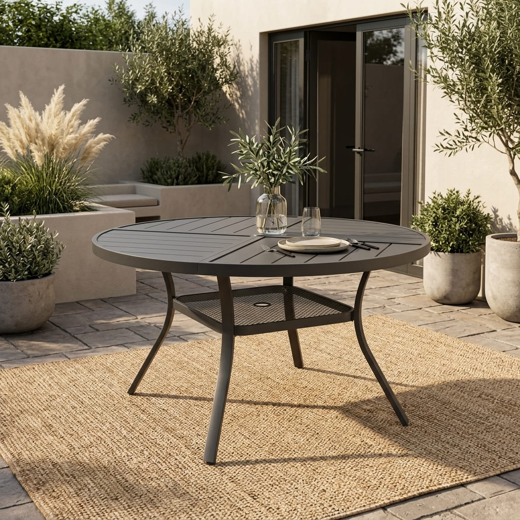 Vicllax 5-Piece Outdoor Patio Dining Set - 47.2-Inch Round Table with Umbrella Hole and 4 Smooth Resin Wicker Armchairs with Seat & Back Cushions