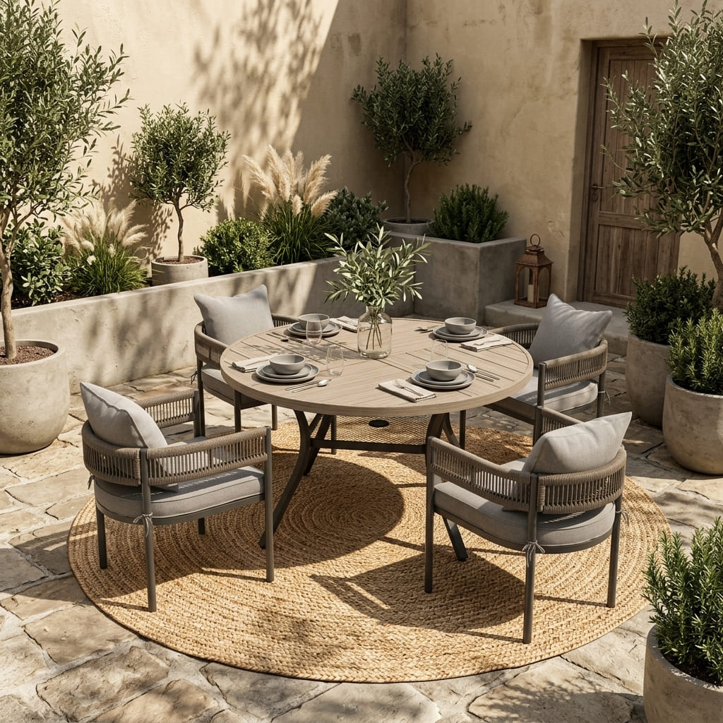 VICLLAX 5-Piece Weather-Resistant Outside Dining Furniture - 47.2" Round Table with 4 Aria Low-back Outdoor Dining Armchair