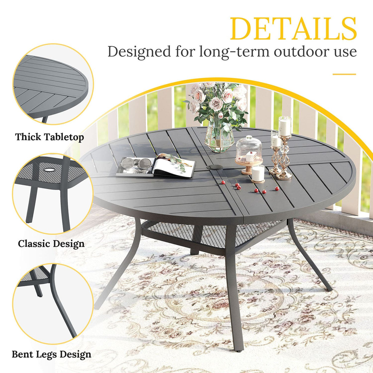 Vicllax Round Patio Dining Table for 4/6/8, Outdoor Large Metal Table