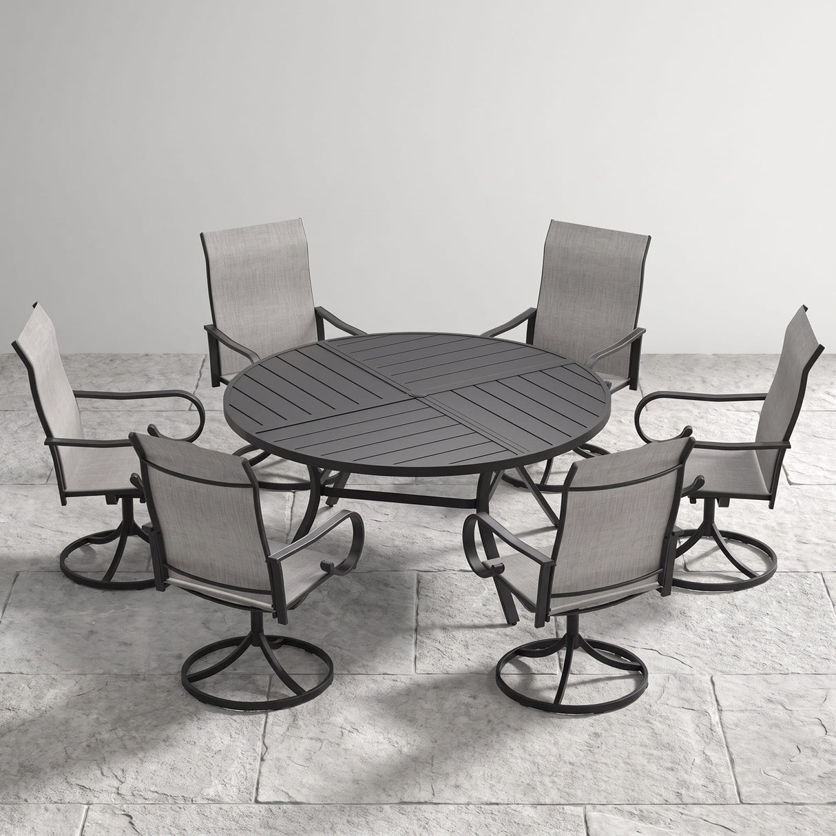 VICLLAX 7-Piece Patio Dining Set, 50/53 inch Round Table with Umbrella Hole and Swivel Rocking Sling Chairs