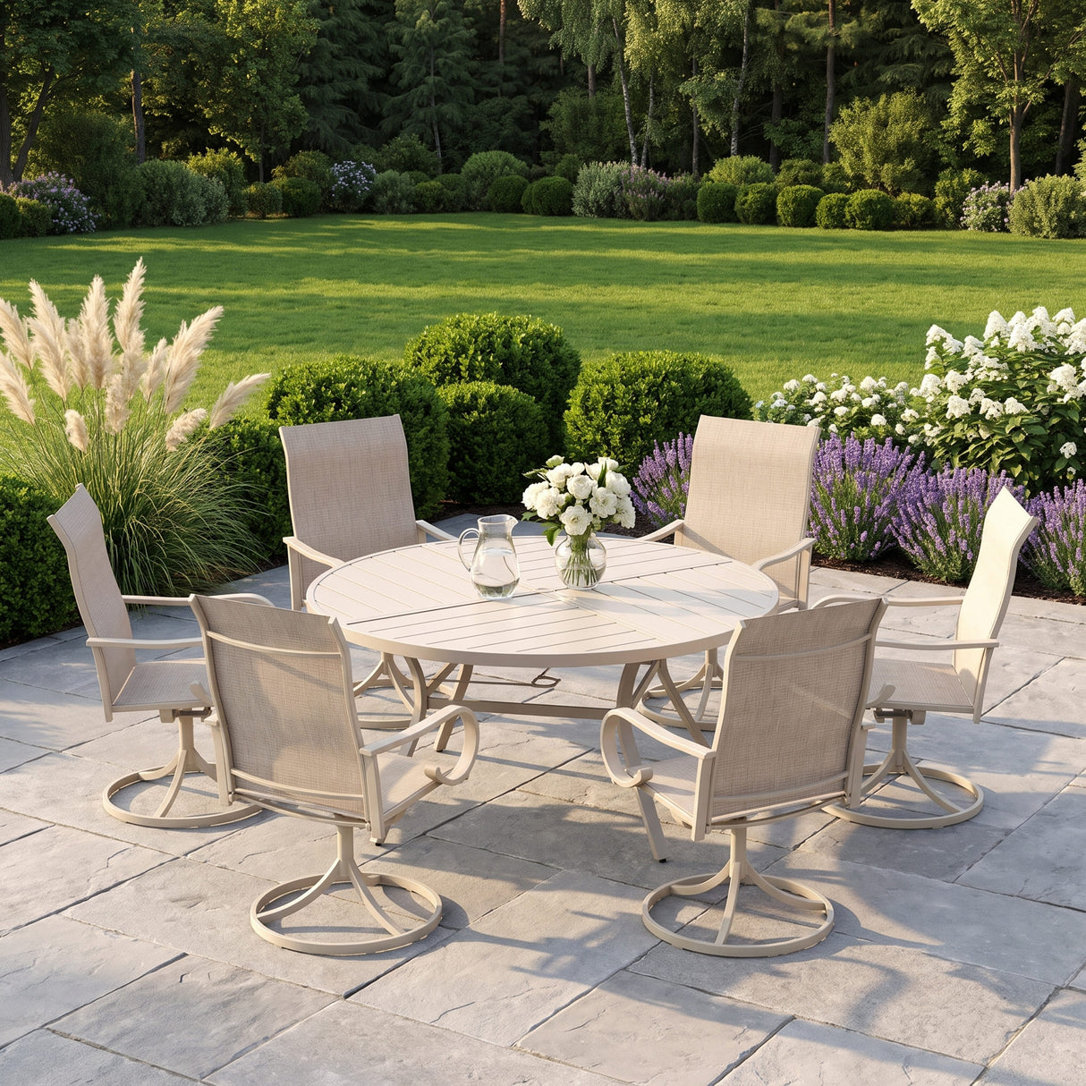 VICLLAX 7-Piece Patio Dining Set, 50/53 inch Round Table with Umbrella Hole and Swivel Rocking Sling Chairs
