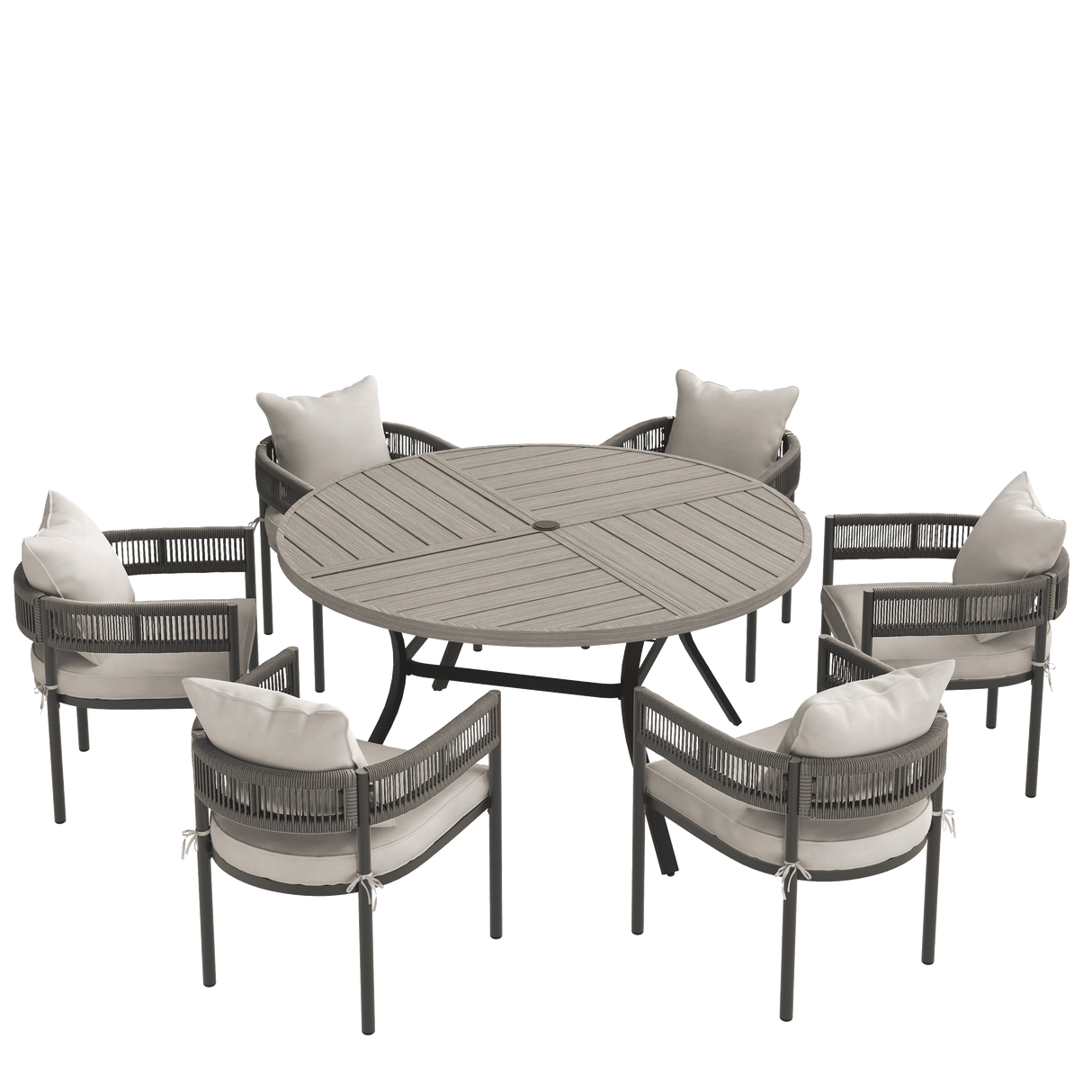 VICLLAX 7-Piece Weather-Resistant Outside Dining Furniture - 50"/53" Round Table with 6 Aria Low-back Outdoor Dining Armchair