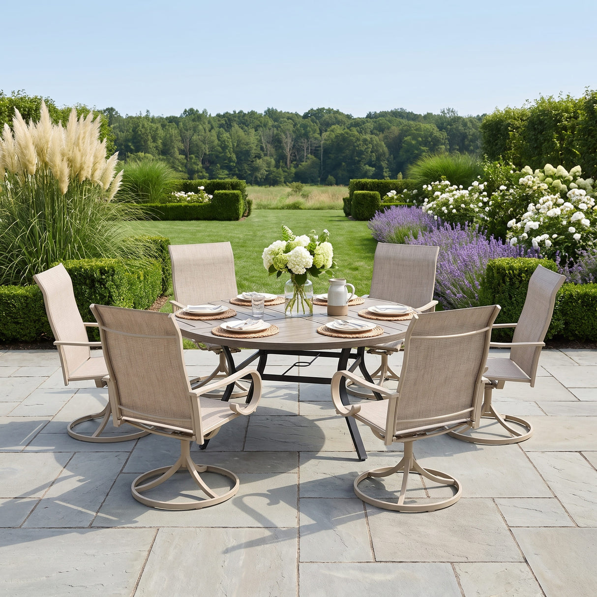 VICLLAX 7-Piece Patio Dining Set, 50/53 inch Round Table with Umbrella Hole and Swivel Rocking Sling Chairs