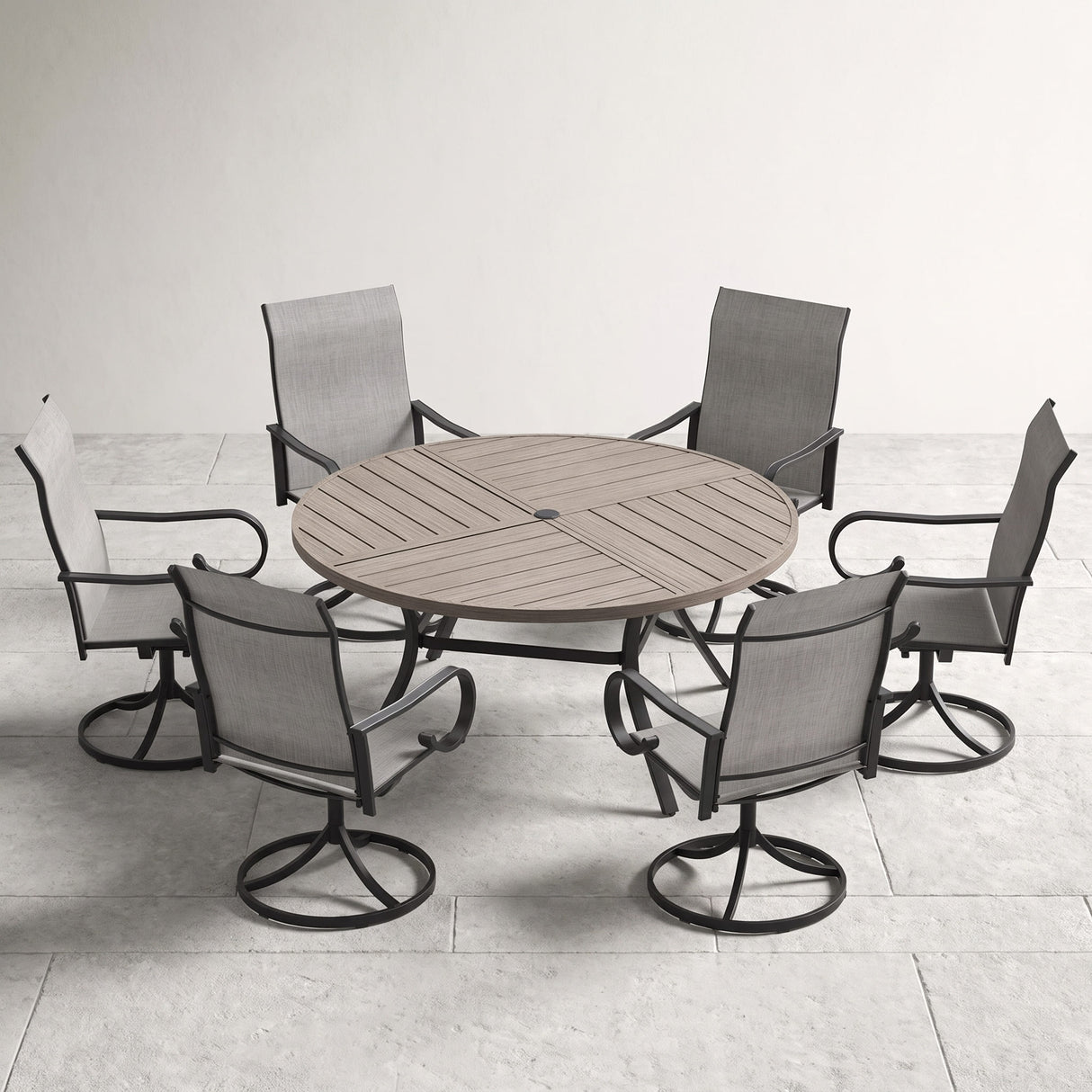 VICLLAX 7-Piece Patio Dining Set, 50/53 inch Round Table with Umbrella Hole and Swivel Rocking Sling Chairs