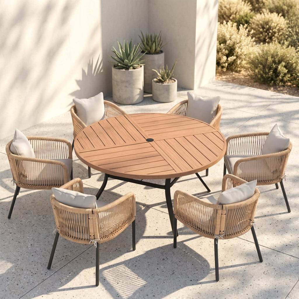 Vicllax 7-Piece Weather-Resistant Outside Dining Furniture - 50" / 53" Round Slat Table with 6 Smooth Synthetic Rattan Cushioned Armchairs for Lawn