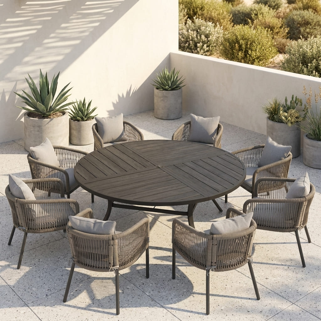 Vicllax 9-Piece Estate Dining Furniture - 60" / 63" Round Parquet Table with 8 Smooth Synthetic Rattan Cushioned Armchairs