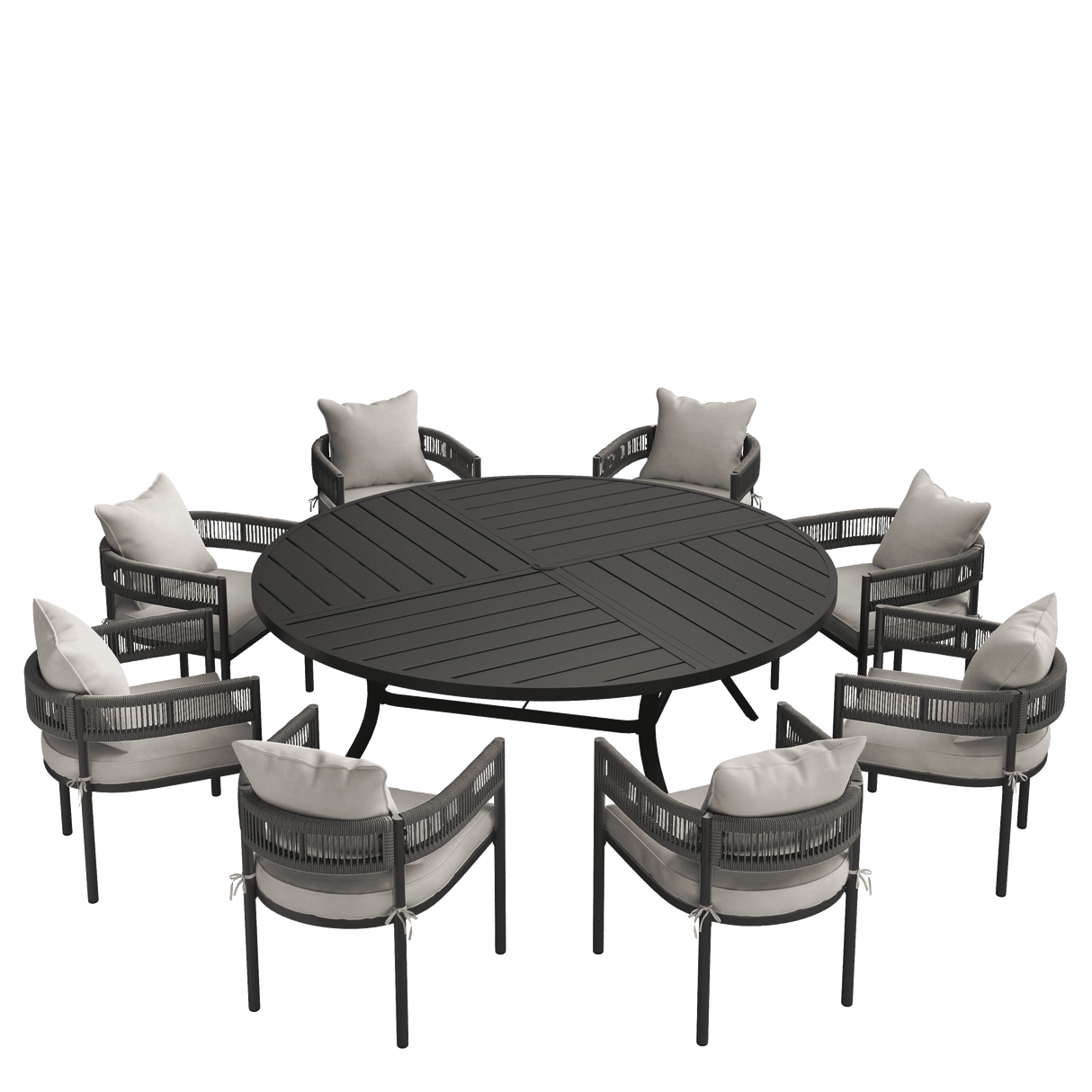 VICLLAX 9-Piece Weather-Resistant Outside Dining Furniture - 60"/63" Round Table with 8 Aria Low-back Outdoor Dining Armchair