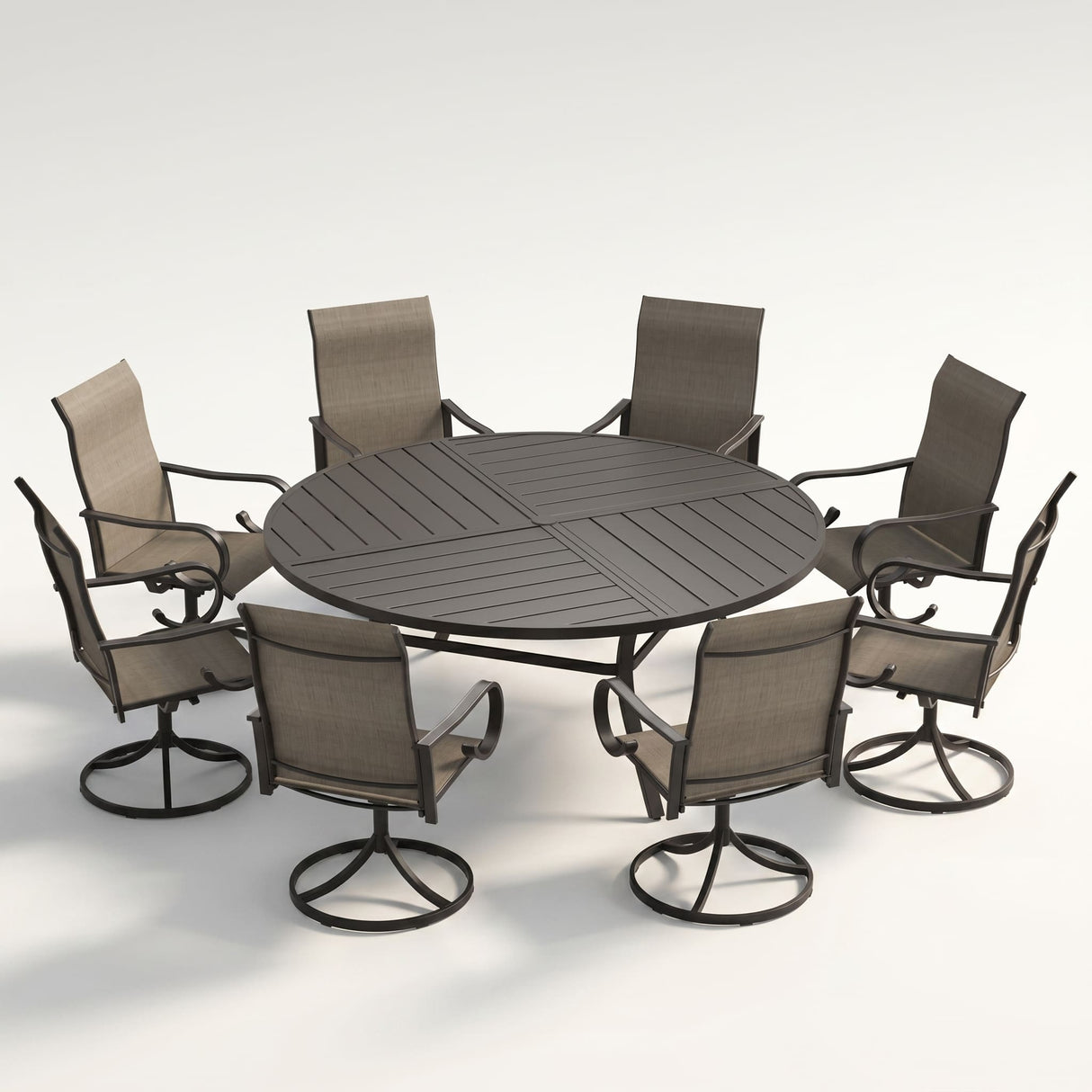 VICLLAX 9-Piece Modern Patio Dining Set, 60/63 inch Round Metal Table with Umbrella Hole and Ergonomic High-back Swivel Rocking Sling Chairs