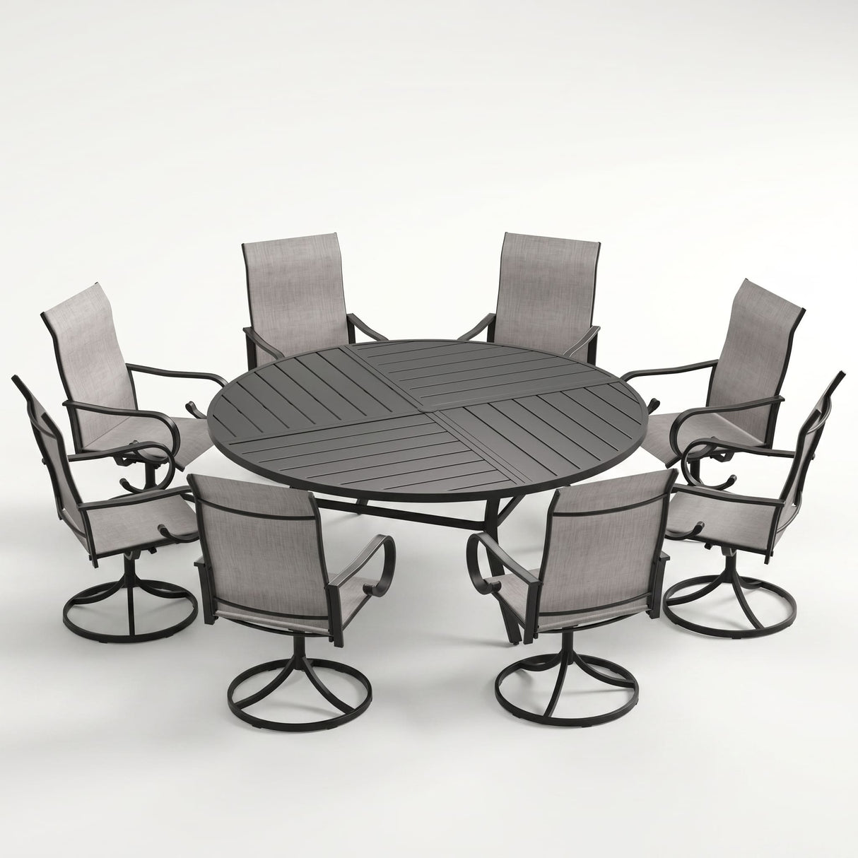 VICLLAX 9-Piece Modern Patio Dining Set, 60/63 inch Round Metal Table with Umbrella Hole and Ergonomic High-back Swivel Rocking Sling Chairs