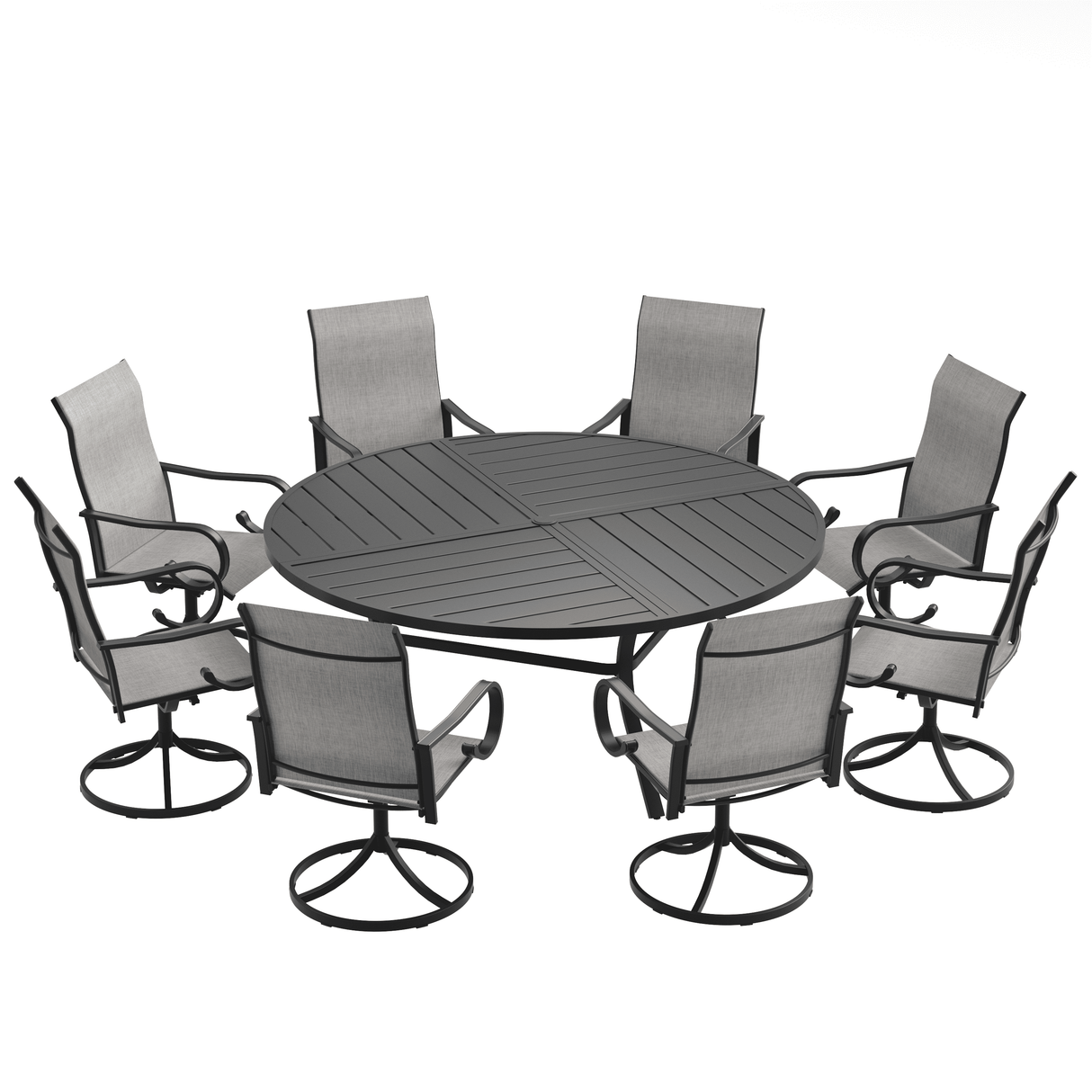 VICLLAX 9-Piece Modern Patio Dining Set, 60/63 inch Round Metal Table with Umbrella Hole and Ergonomic High-back Swivel Rocking Sling Chairs