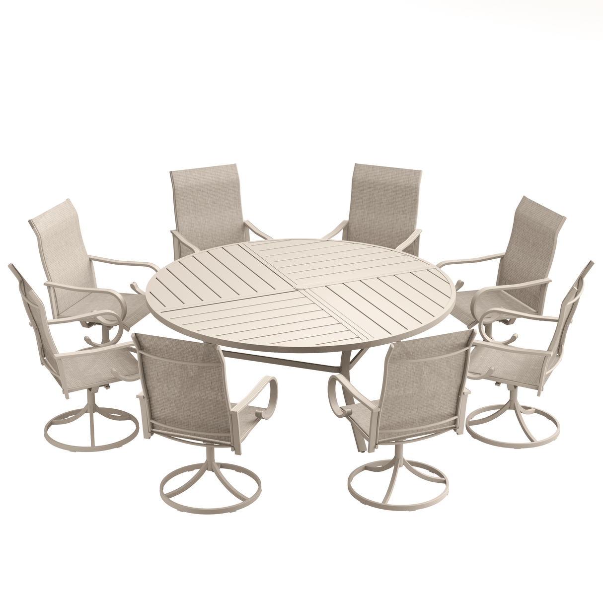 VICLLAX 9-Piece Modern Patio Dining Set, 60/63 inch Round Metal Table with Umbrella Hole and Ergonomic High-back Swivel Rocking Sling Chairs