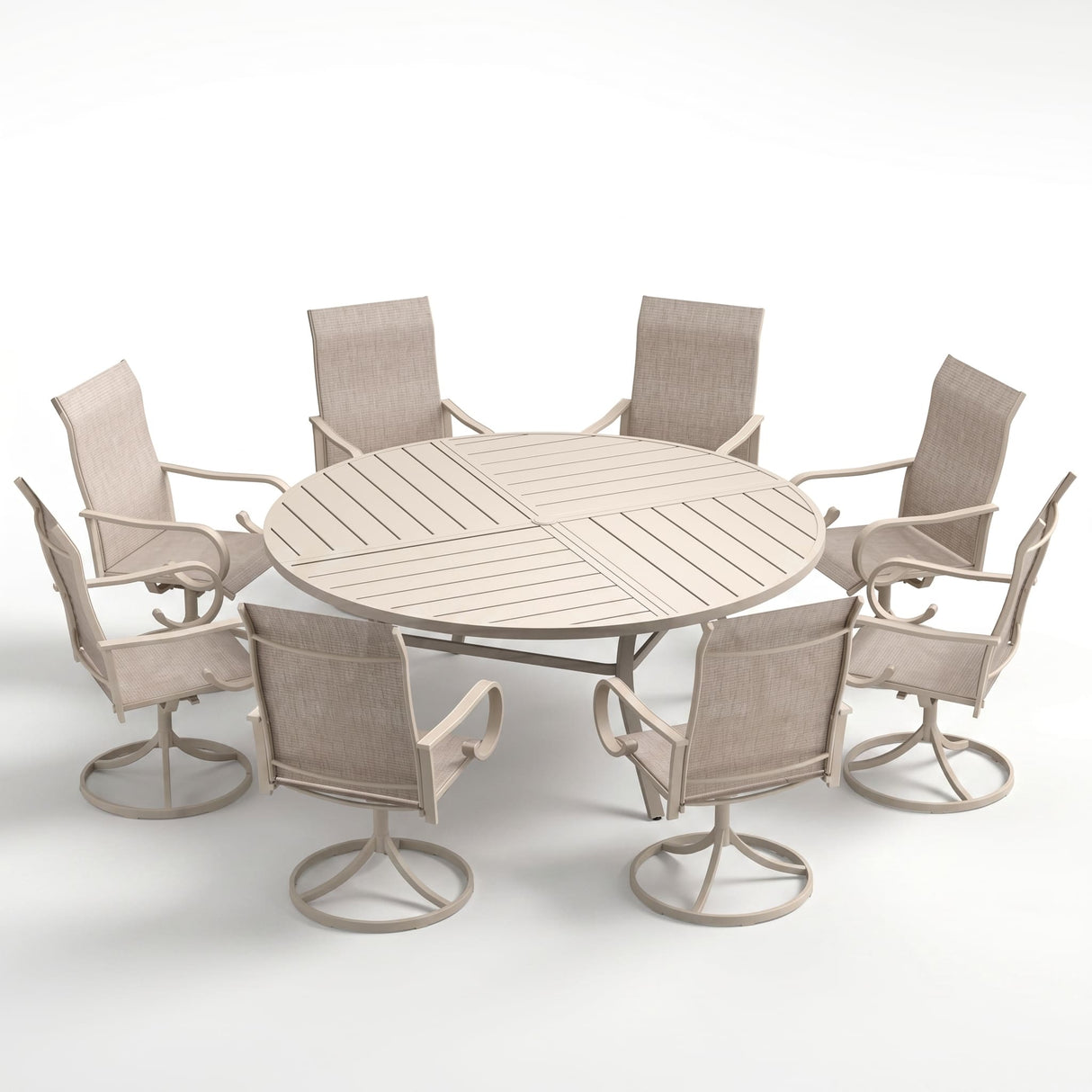 VICLLAX 9-Piece Modern Patio Dining Set, 60/63 inch Round Metal Table with Umbrella Hole and Ergonomic High-back Swivel Rocking Sling Chairs