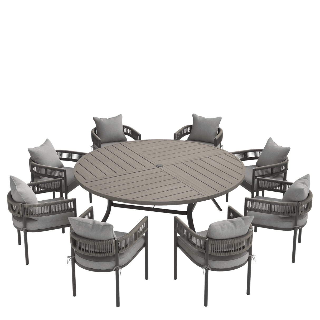 VICLLAX 9-Piece Weather-Resistant Outside Dining Furniture - 60"/63" Round Table with 8 Aria Low-back Outdoor Dining Armchair