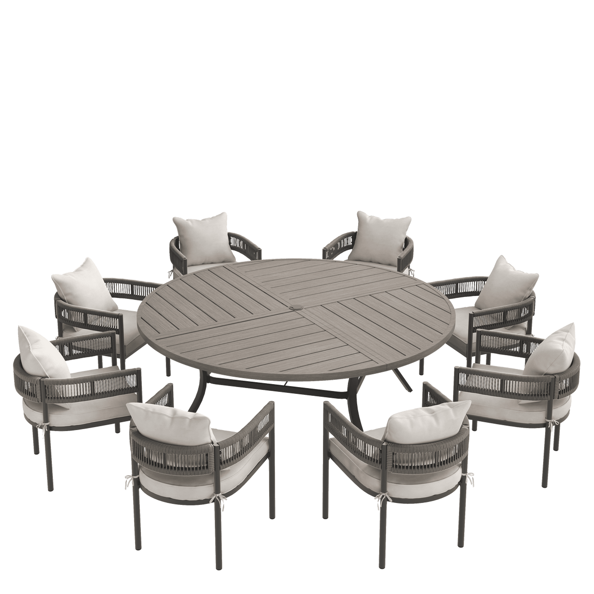 VICLLAX 9-Piece Weather-Resistant Outside Dining Furniture - 60"/63" Round Table with 8 Aria Low-back Outdoor Dining Armchair