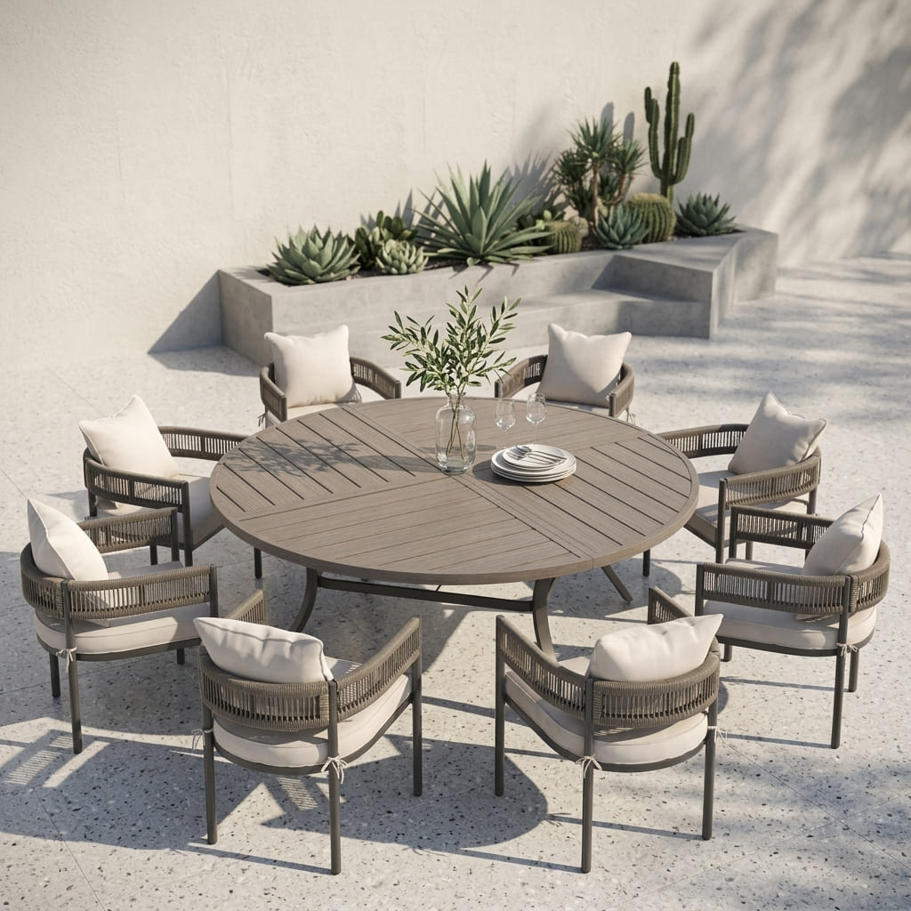 VICLLAX 9-Piece Weather-Resistant Outside Dining Furniture - 60"/63" Round Table with 8 Aria Low-back Outdoor Dining Armchair