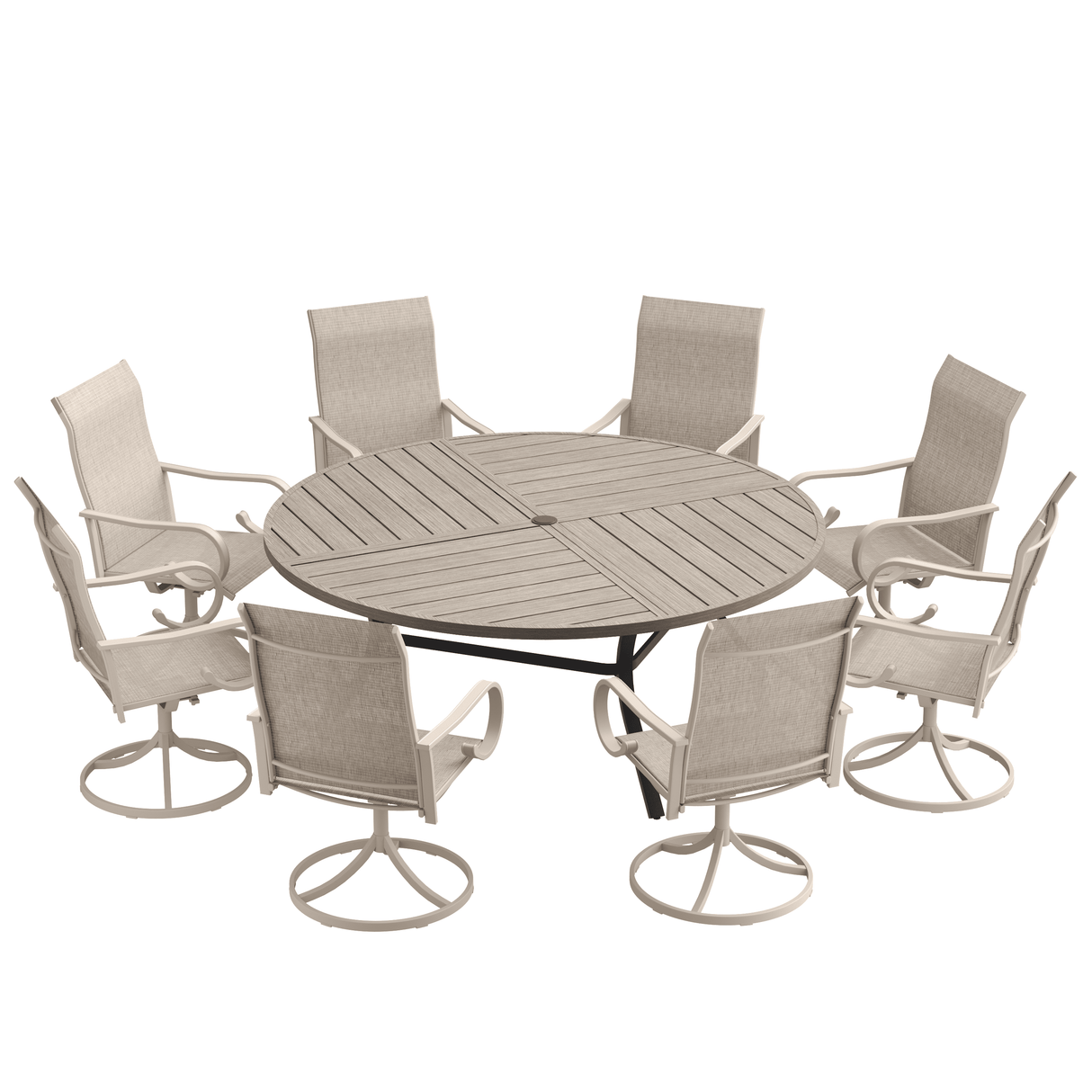 VICLLAX 9-Piece Modern Patio Dining Set, 60/63 inch Round Metal Table with Umbrella Hole and Ergonomic High-back Swivel Rocking Sling Chairs