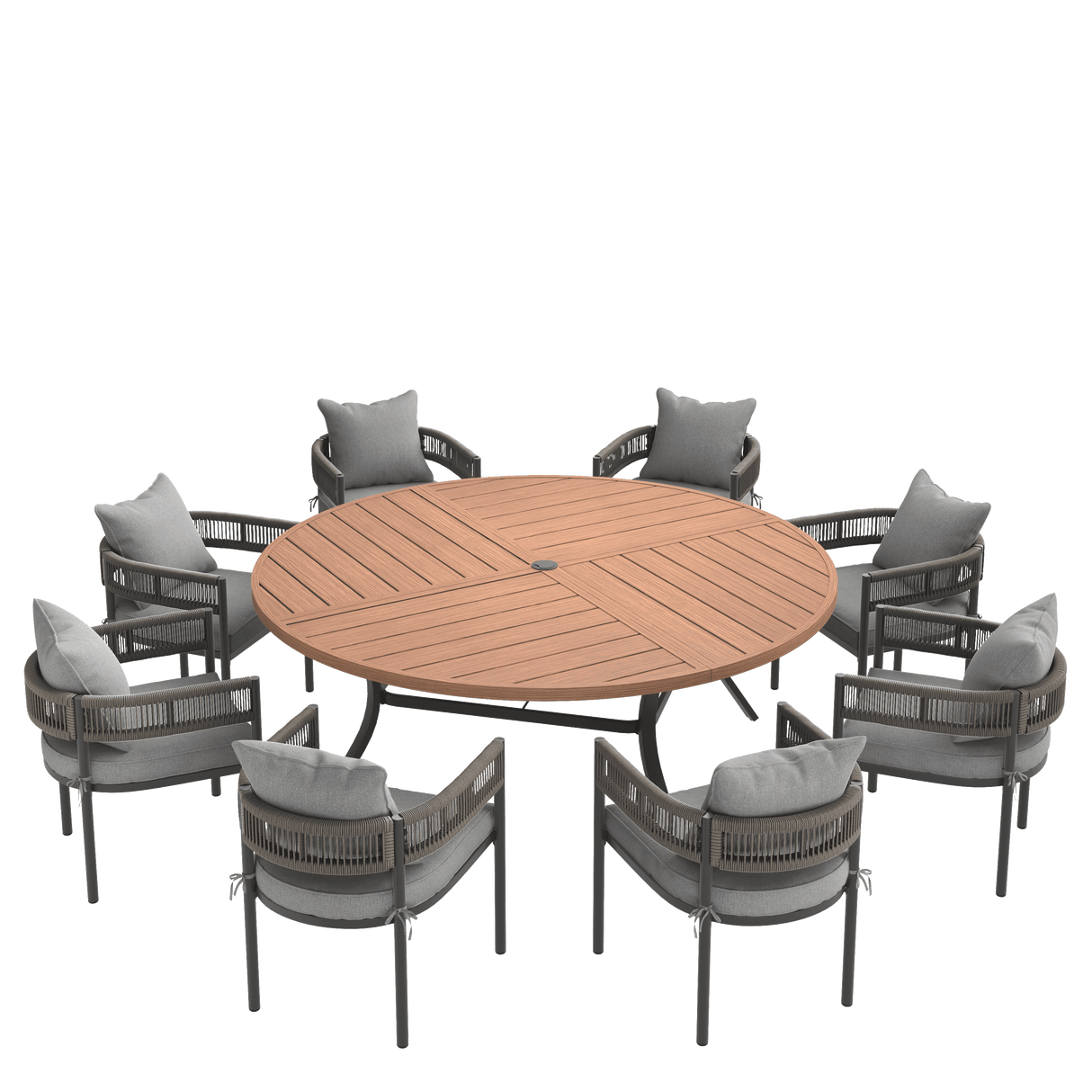 VICLLAX 9-Piece Weather-Resistant Outside Dining Furniture - 60"/63" Round Table with 8 Aria Low-back Outdoor Dining Armchair