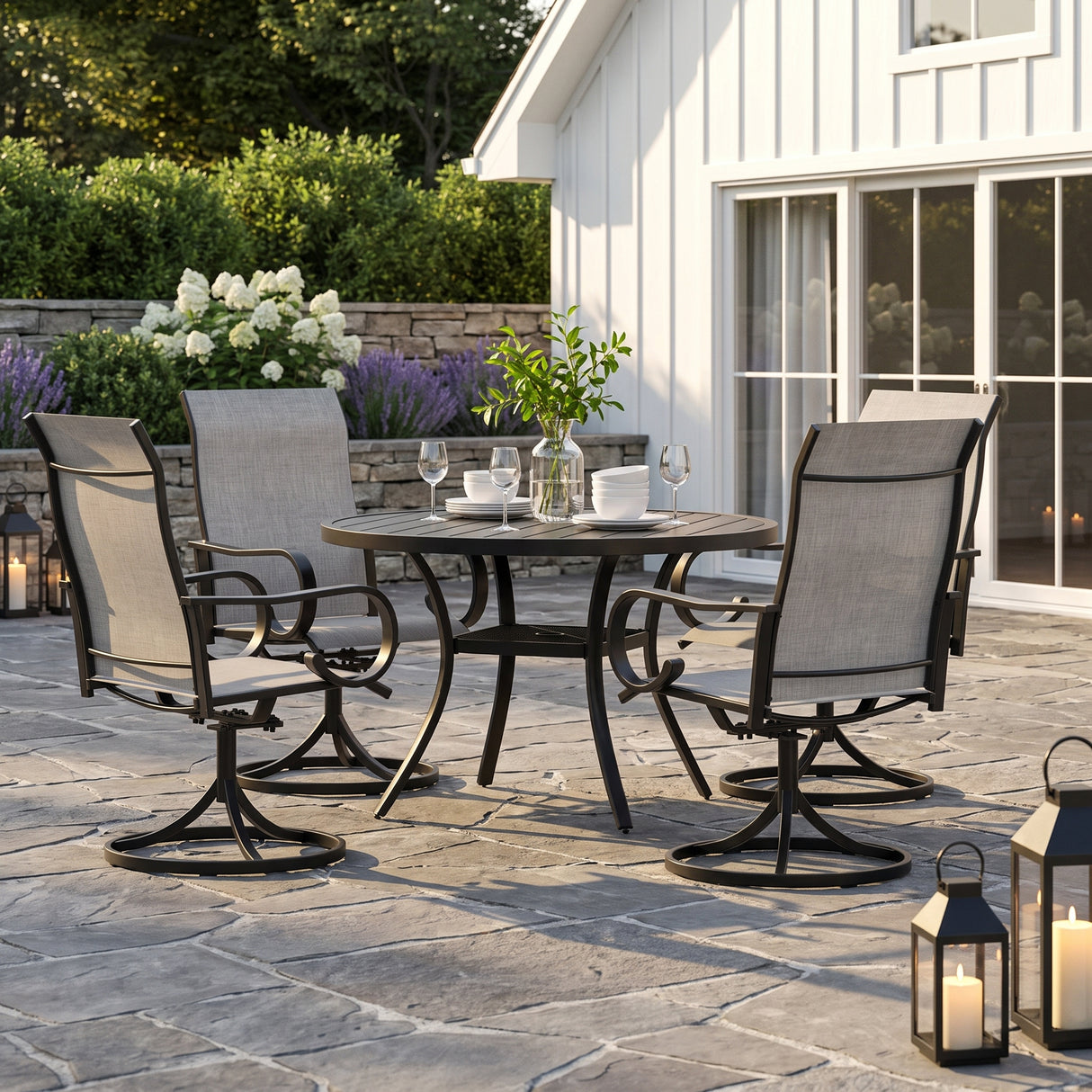 VICLLAX 5-Piece Patio Furniture Set - 41" Diameter Round Slat Top Dining Table with 4 Swivel Mesh Chairs