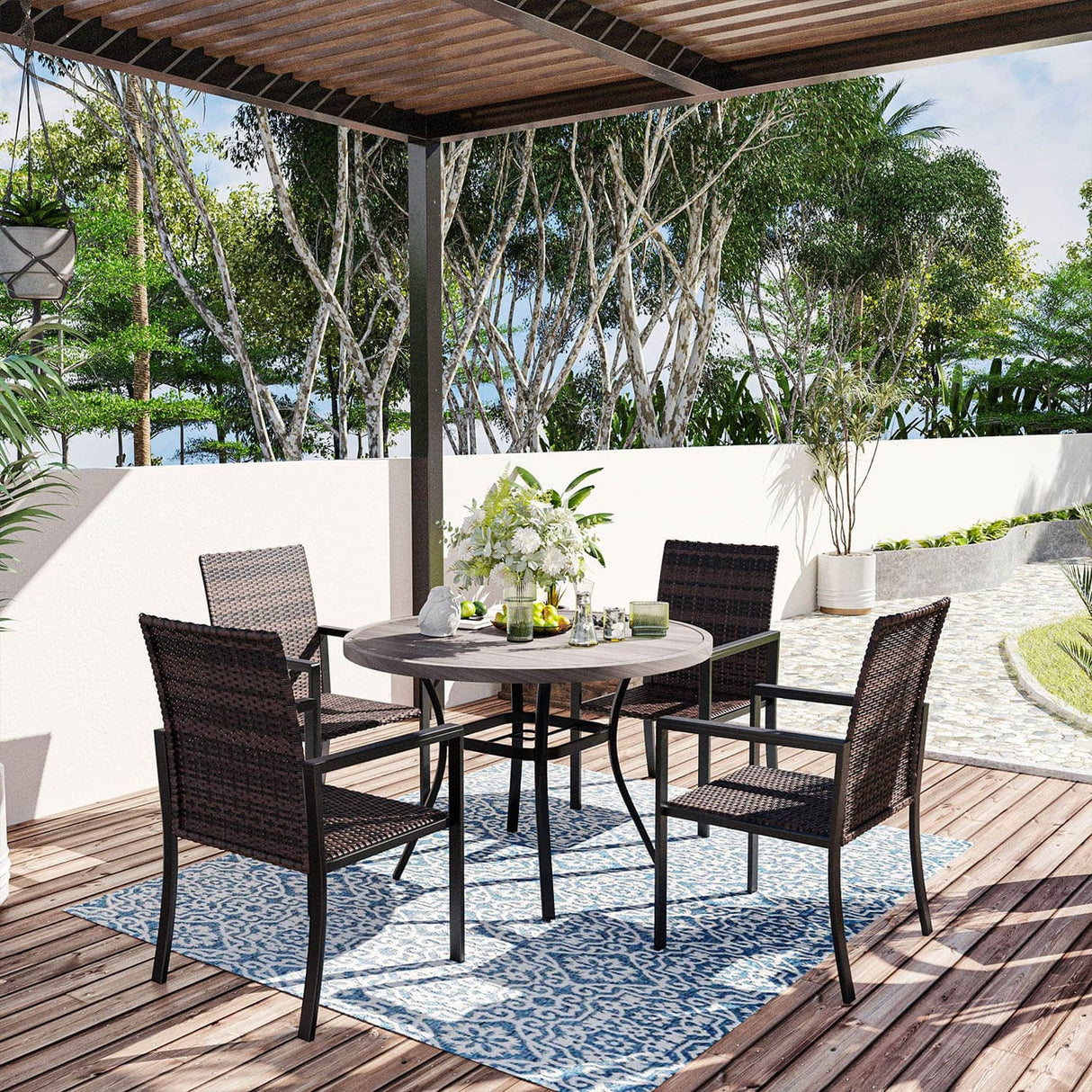 Vicllax 5-Piece Patio Dining Set, 42" Patio Round Table and Outdoor Wicker Chairs