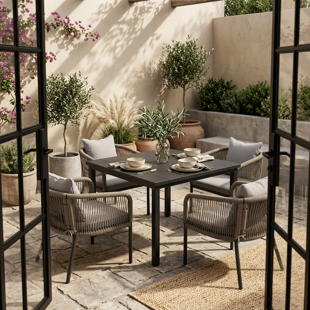 Vicllax 5-Piece Outdoor Patio Dining Set - 40.2-Inch Square Table with Umbrella Hole and Aria Modern Woven Rope Armchair