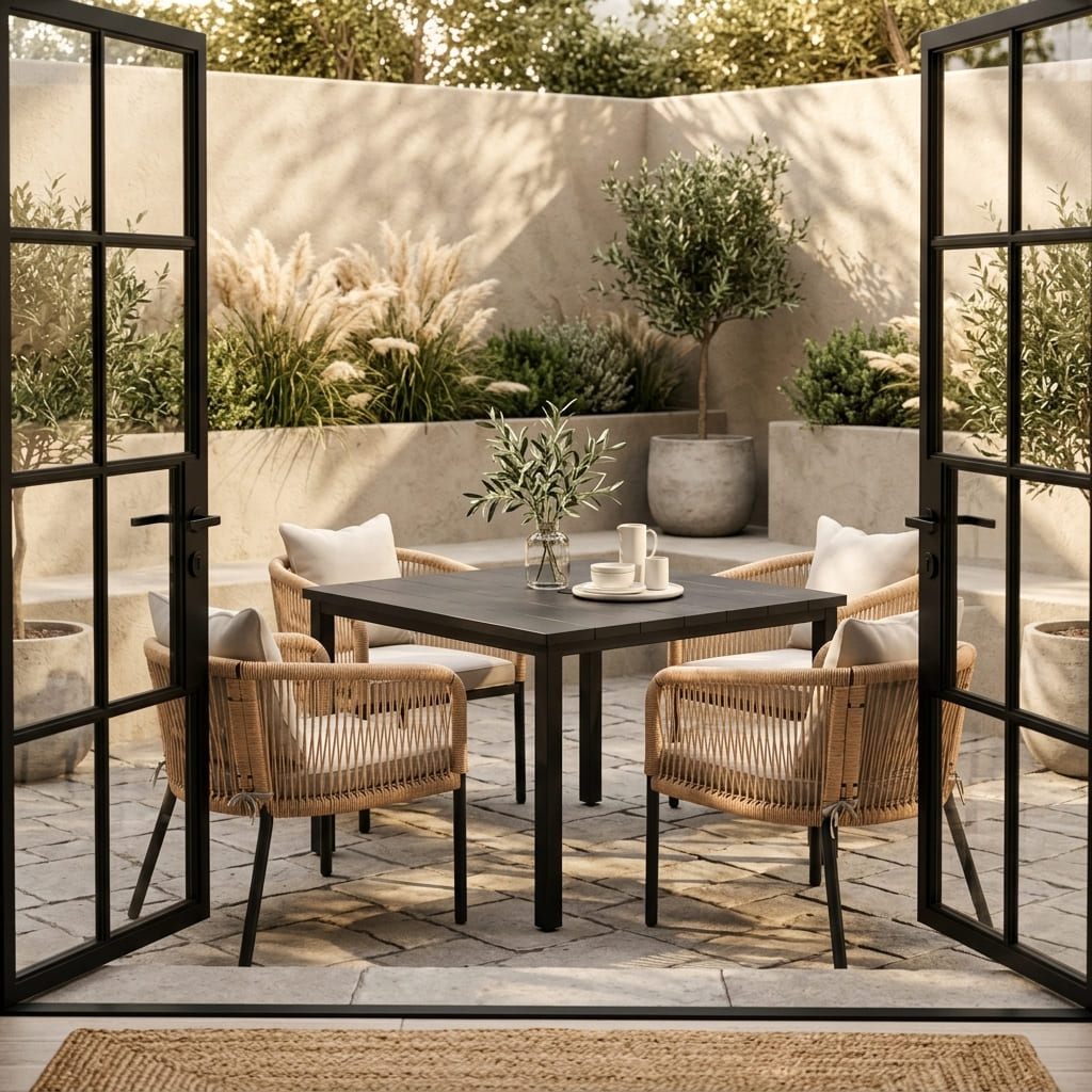 Vicllax 5-Piece Outdoor Patio Dining Set - 40.2-Inch Square Table with Umbrella Hole and Aria Modern Woven Rope Armchair