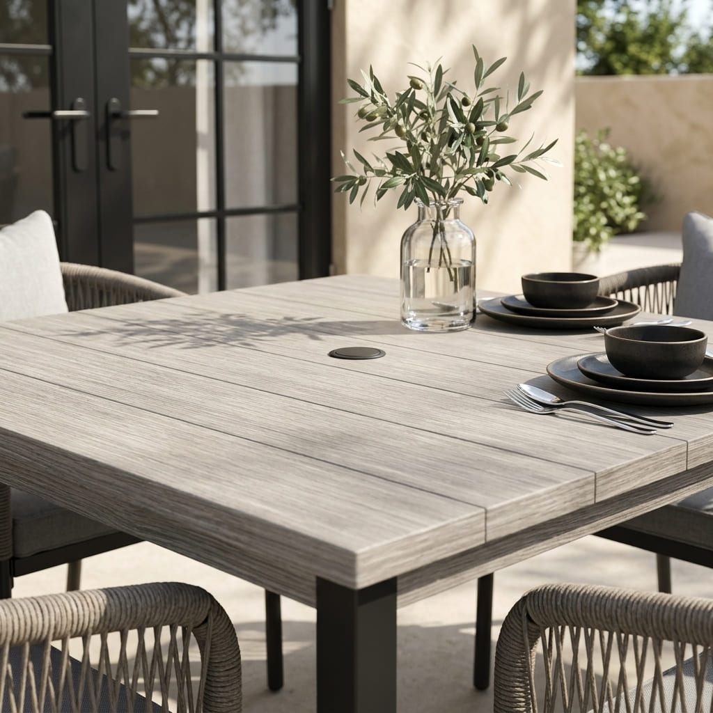 Vicllax 5-Piece Outdoor Patio Dining Set - 40.2-Inch Square Table with Umbrella Hole and Aria Modern Woven Rope Armchair