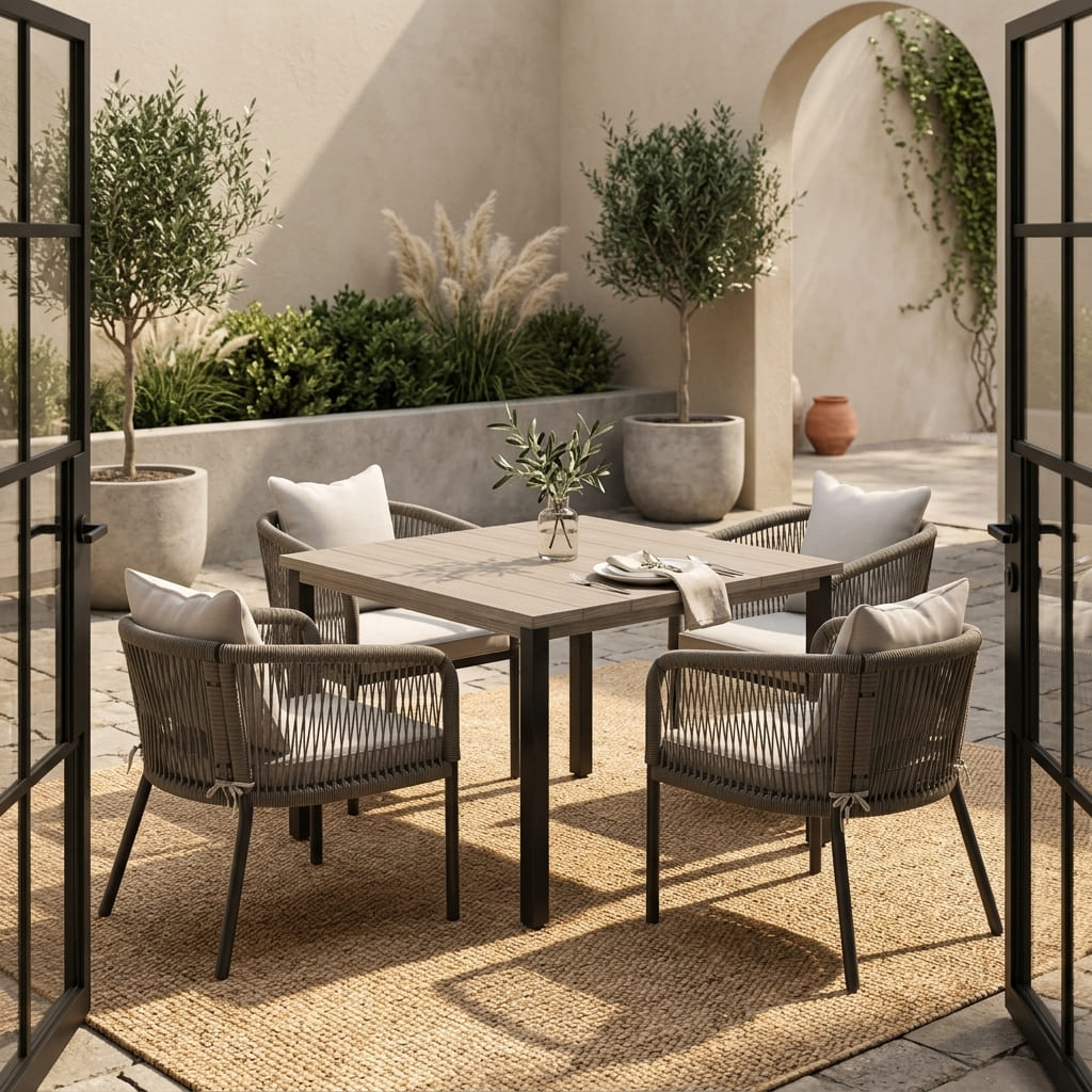 Vicllax 5-Piece Outdoor Patio Dining Set - 40.2-Inch Square Table with Umbrella Hole and Aria Modern Woven Rope Armchair
